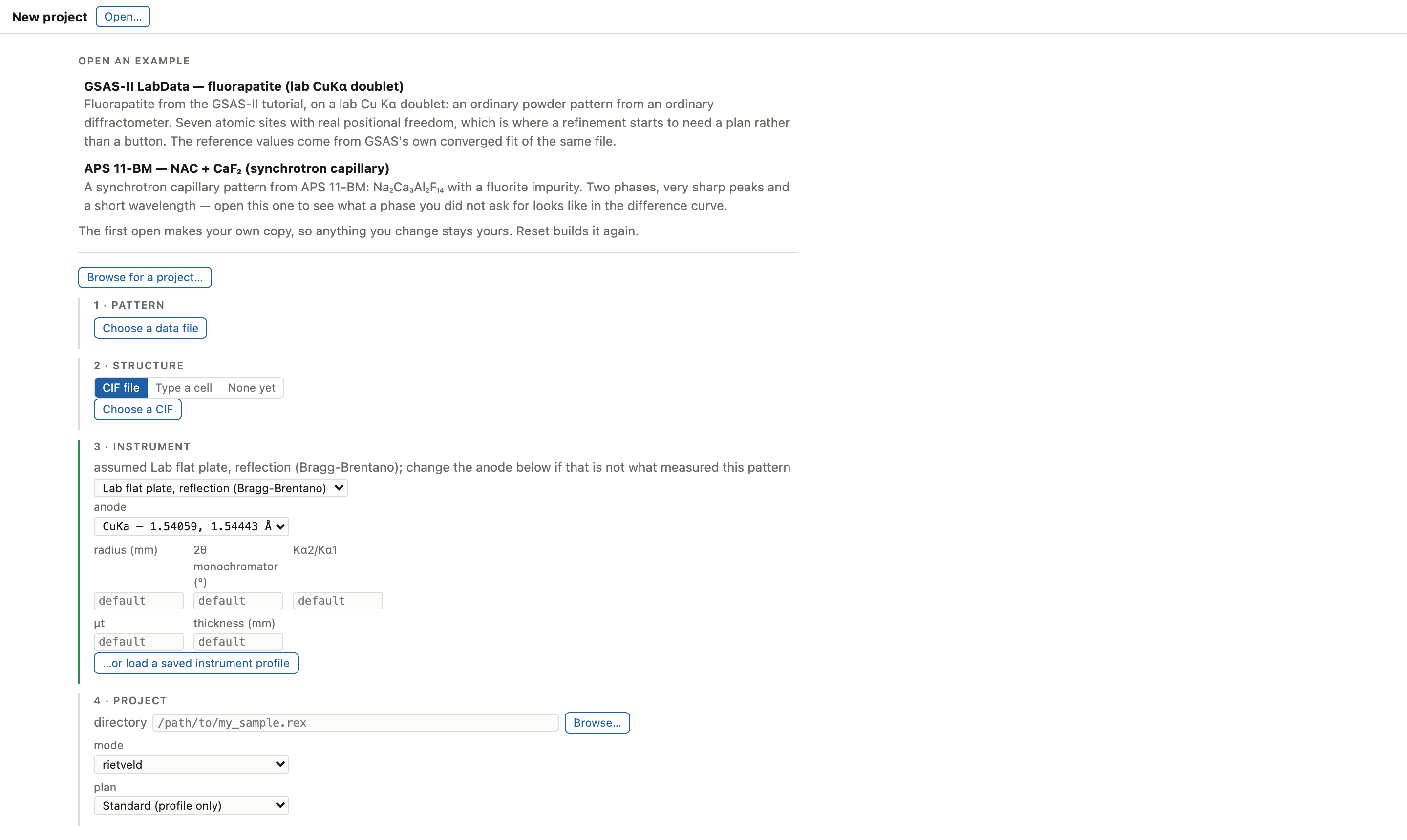 The panel with no project open: the shipped example projects with their descriptions, a Browse button, and the four numbered wizard steps below