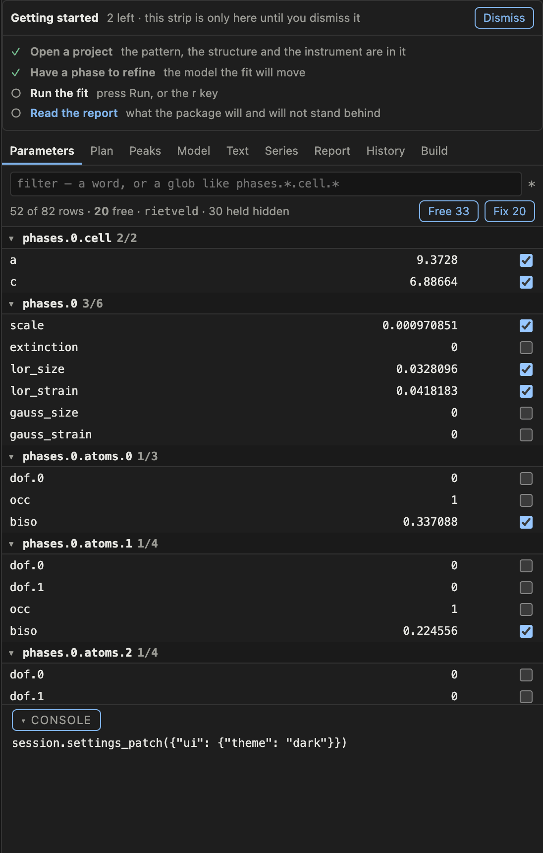 A Getting started strip above the tab strip with four steps, two ticked, and a Dismiss button
