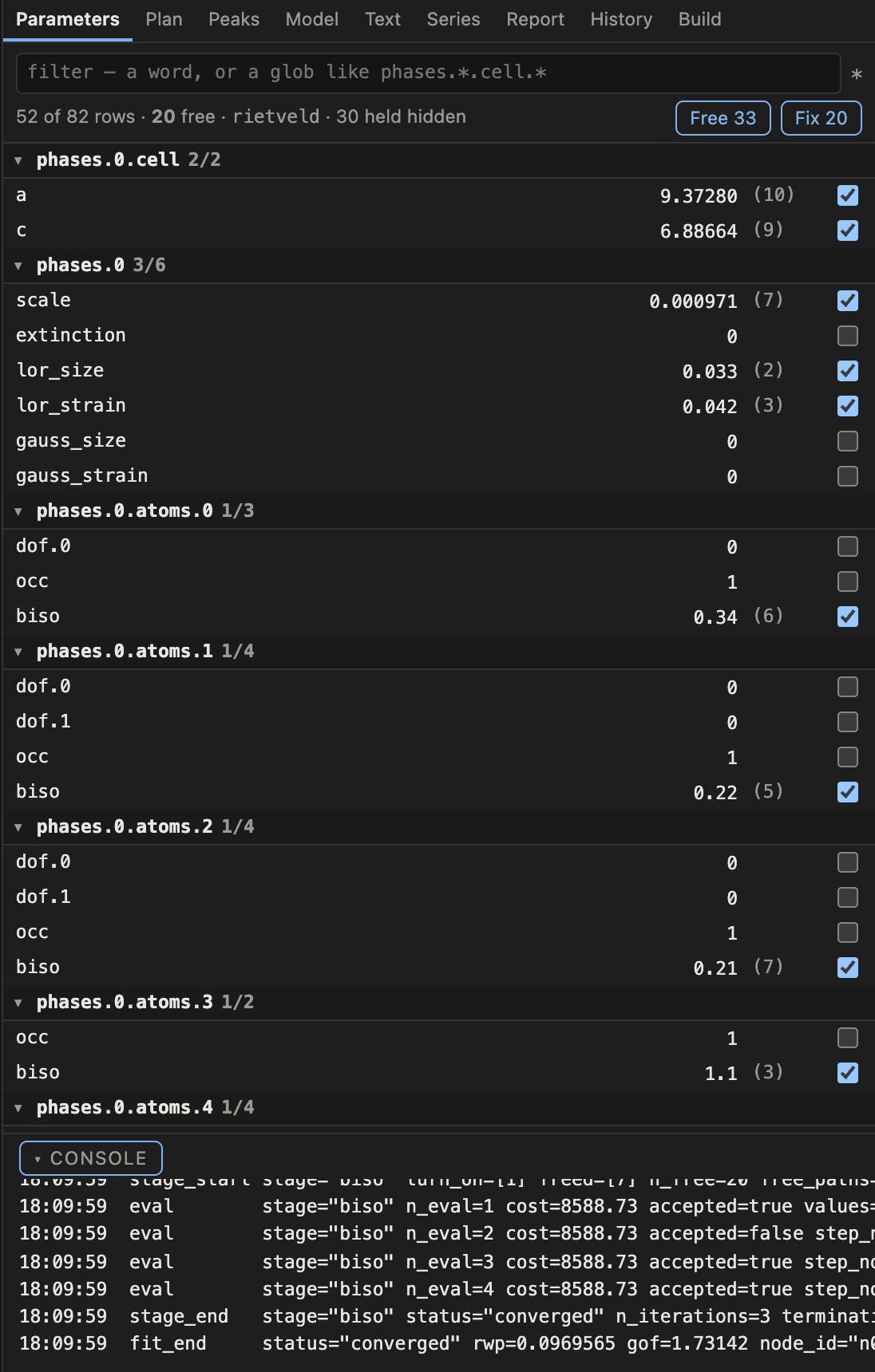 The parameter table grouped by phase and atom, each refined value carrying its esd in brackets and a checkbox, with a filter box and free and fix buttons above
