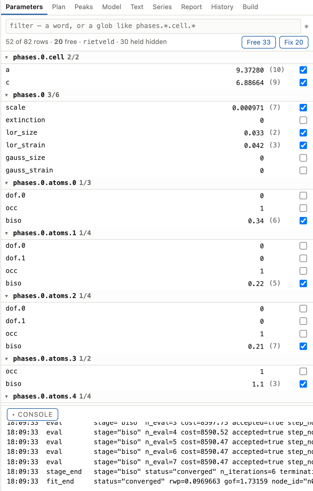 The parameter table grouped by phase and atom, each refined value carrying its esd in brackets and a checkbox, with a filter box and free and fix buttons above
