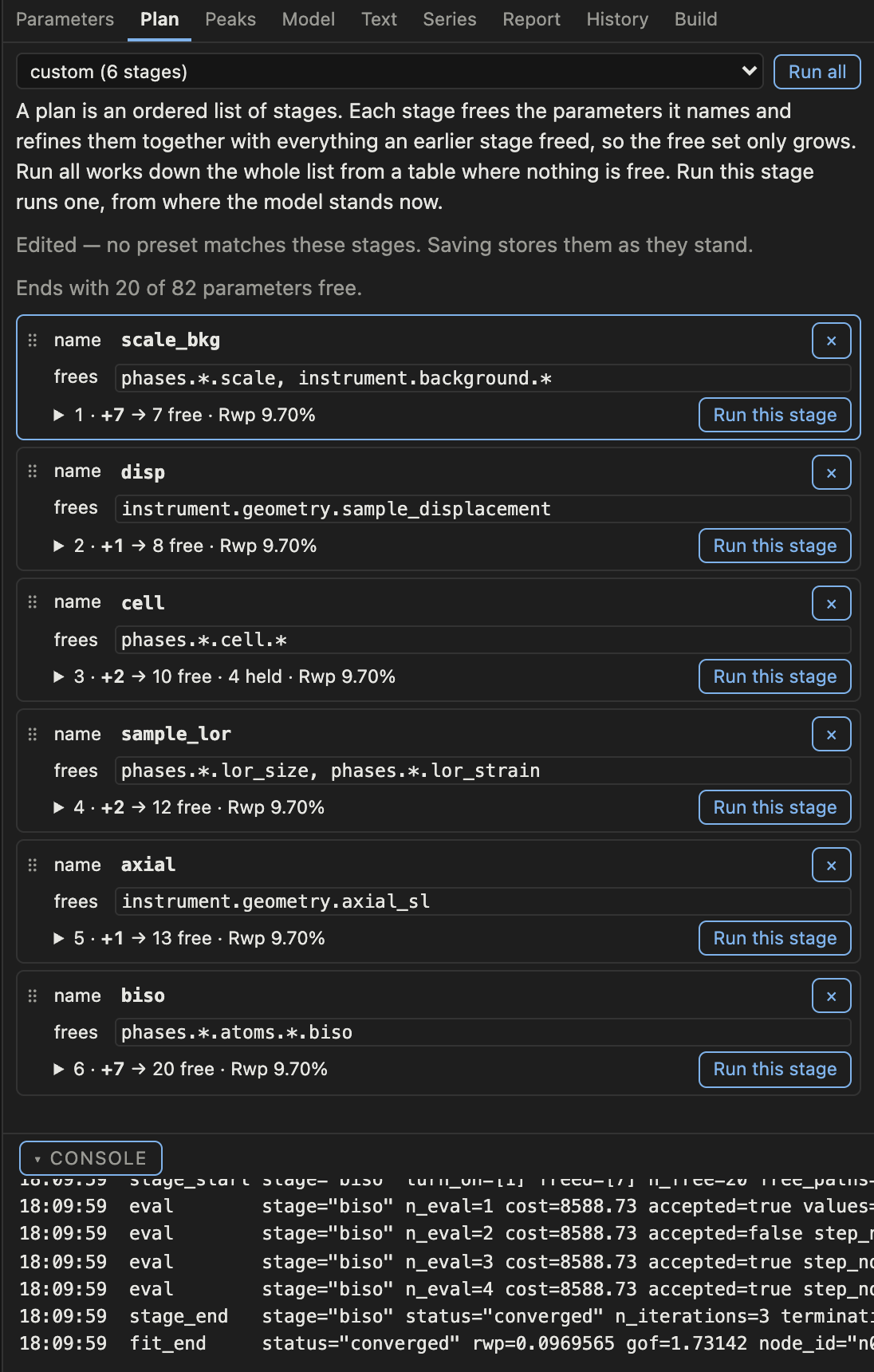The plan panel: an ordered list of stages, each showing the globs it frees and the parameter paths they reach, with a running count of free parameters