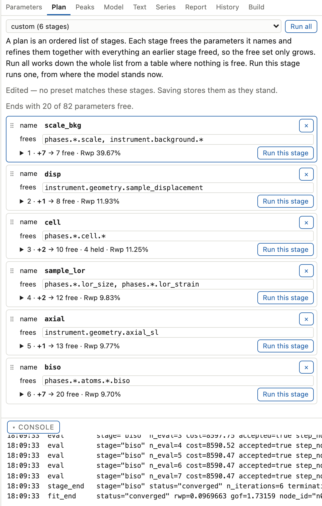The plan panel: an ordered list of stages, each showing the globs it frees and the parameter paths they reach, with a running count of free parameters