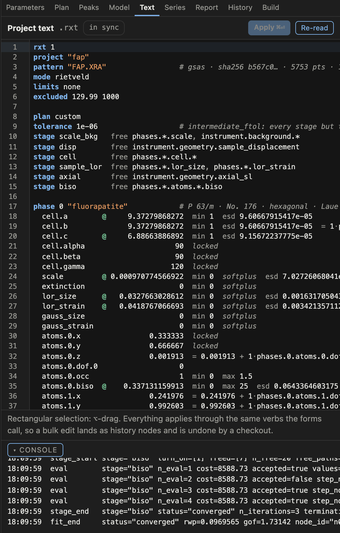The text panel showing the rxt document with syntax highlighting, an in-sync badge, and Apply and Re-read buttons