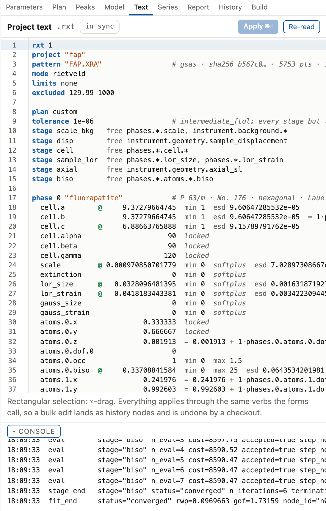 The text panel showing the rxt document with syntax highlighting, an in-sync badge, and Apply and Re-read buttons