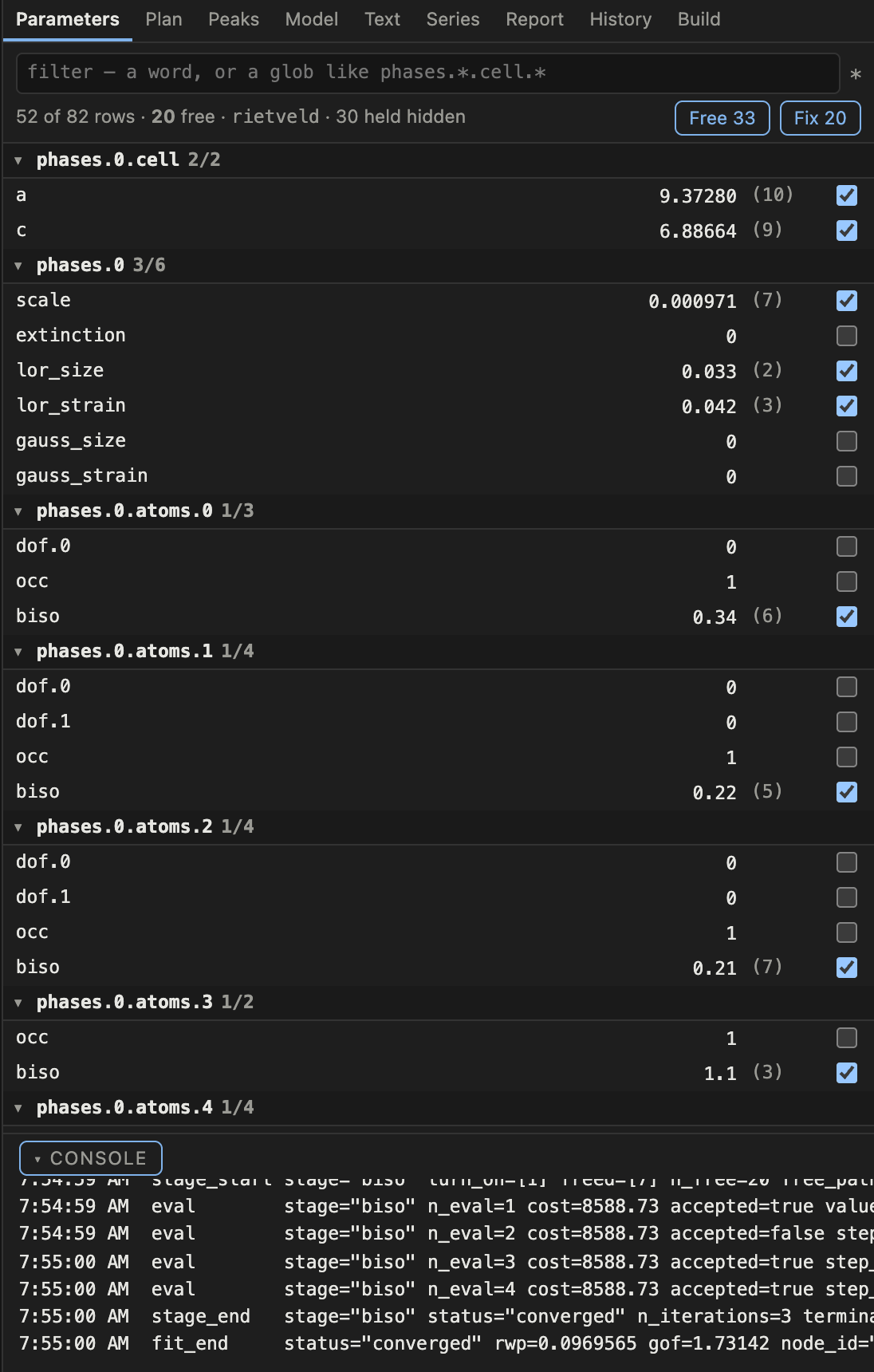The parameter table grouped by phase and atom, each refined value carrying its esd in brackets and a checkbox, with a filter box and free and fix buttons above