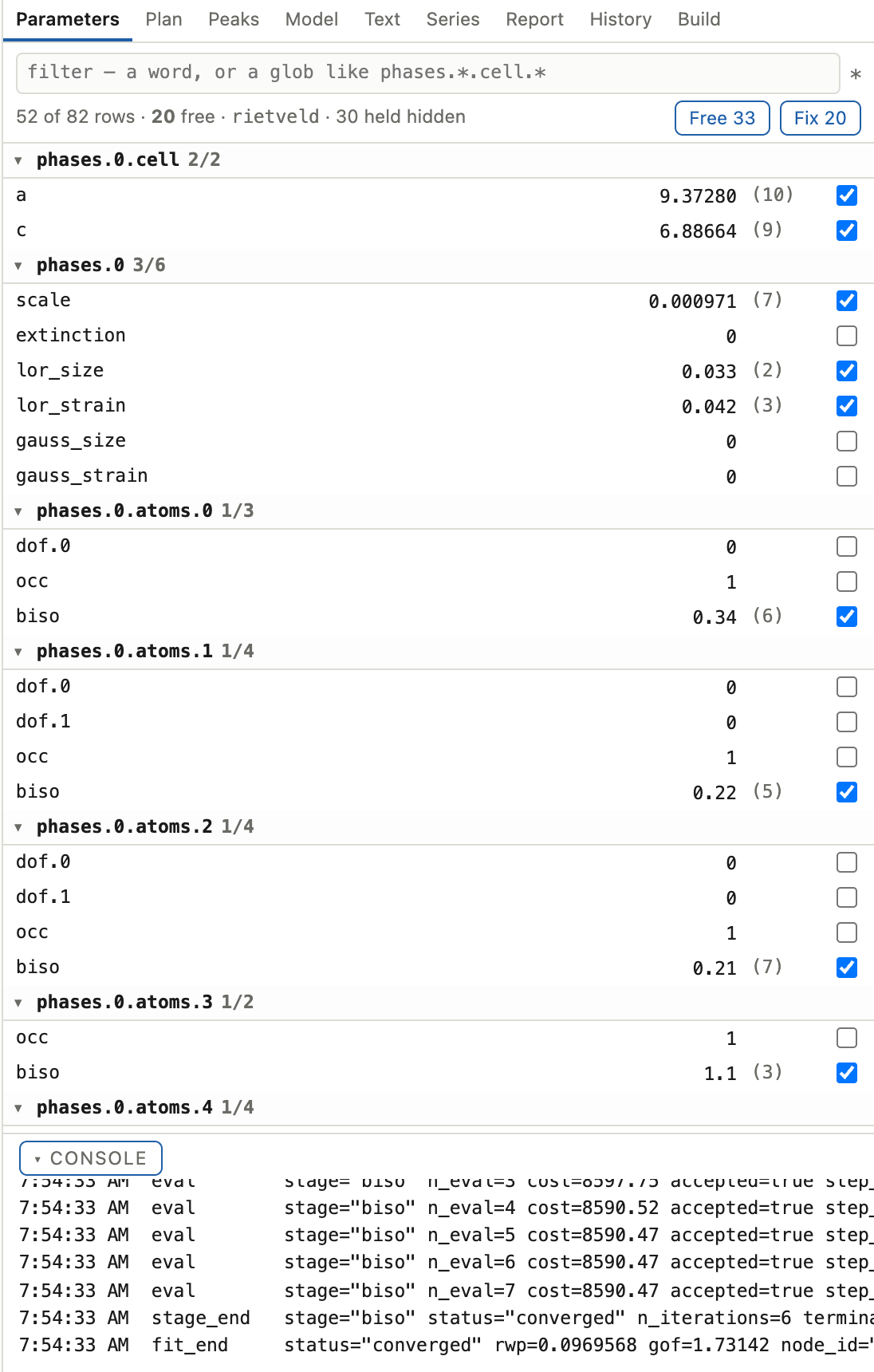 The parameter table grouped by phase and atom, each refined value carrying its esd in brackets and a checkbox, with a filter box and free and fix buttons above