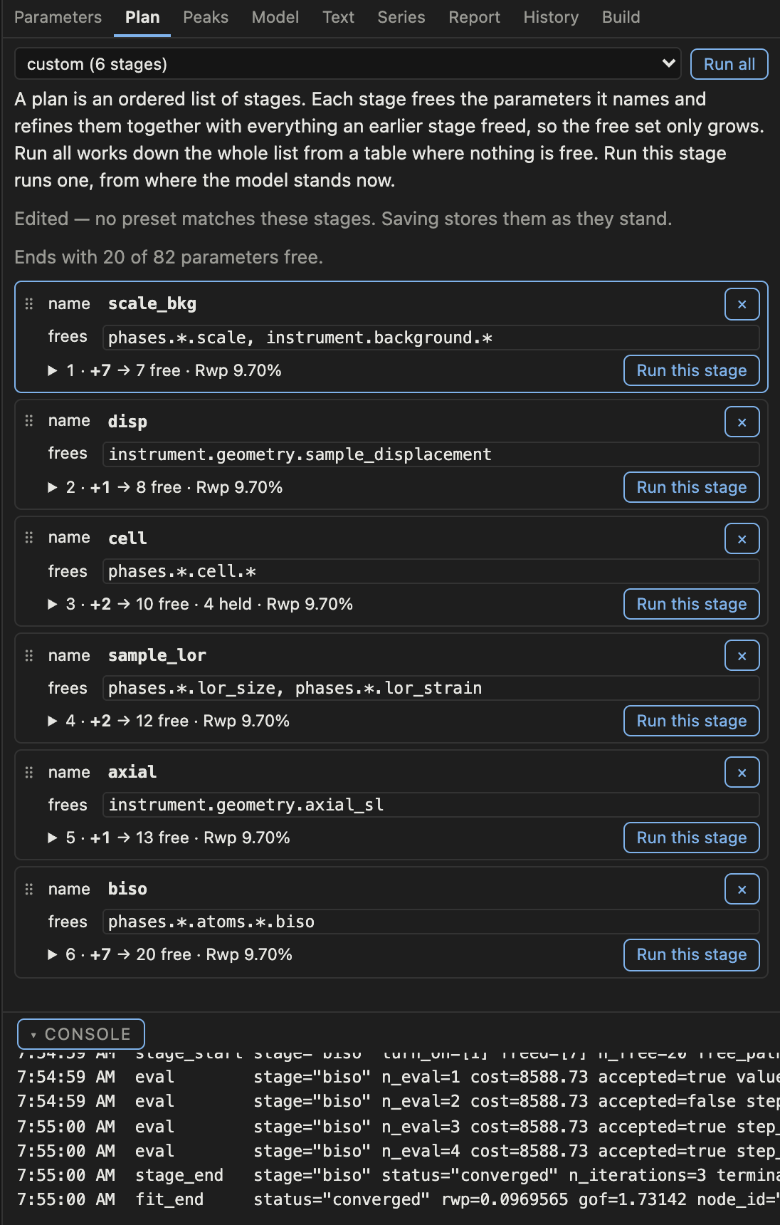 The plan panel: an ordered list of stages, each showing the globs it frees and the parameter paths they reach, with a running count of free parameters