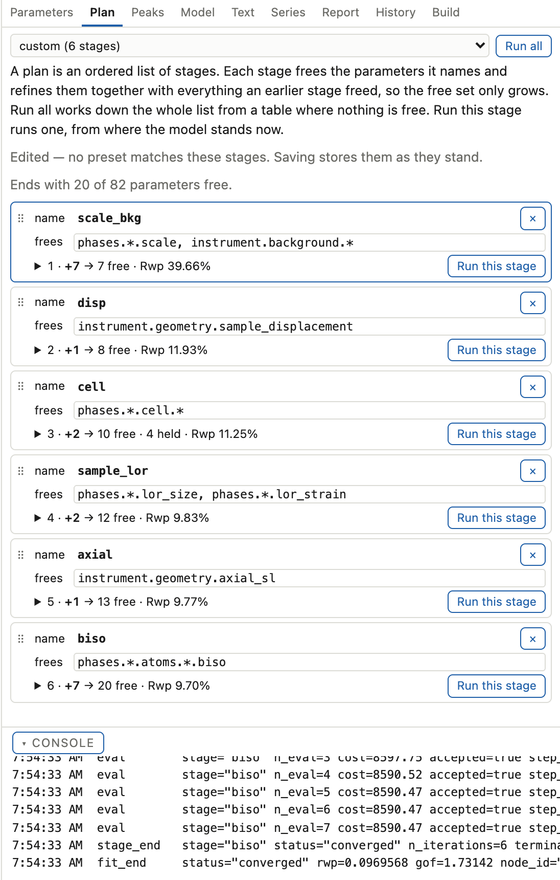 The plan panel: an ordered list of stages, each showing the globs it frees and the parameter paths they reach, with a running count of free parameters