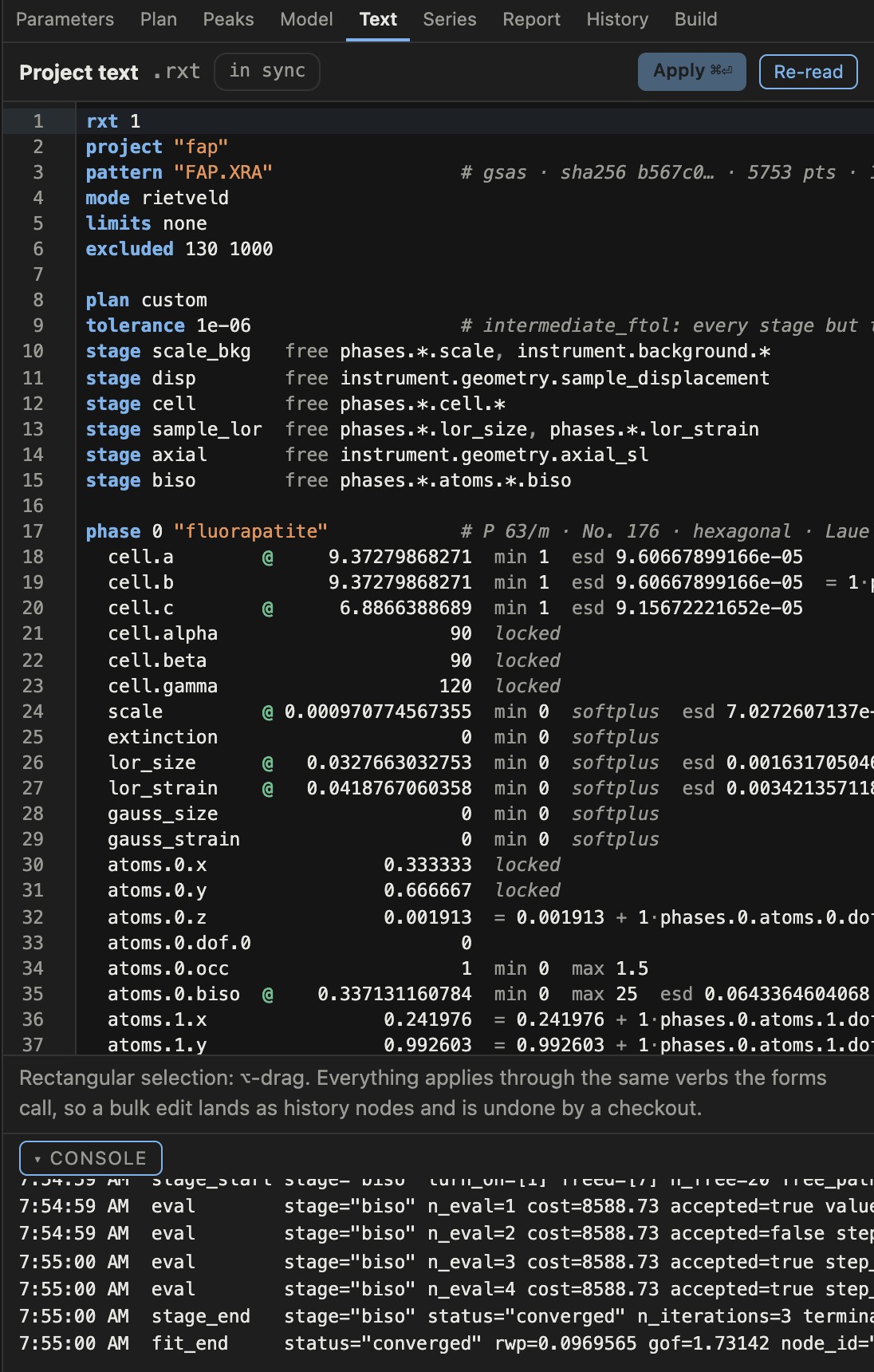 The text panel showing the rxt document with syntax highlighting, an in-sync badge, and Apply and Re-read buttons