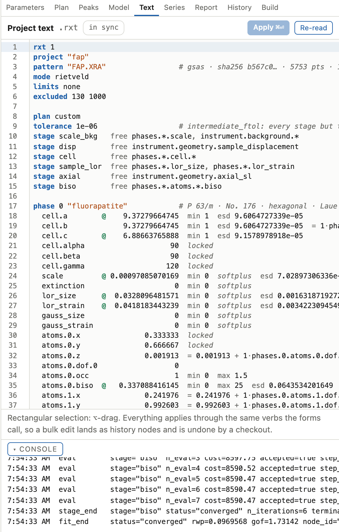 The text panel showing the rxt document with syntax highlighting, an in-sync badge, and Apply and Re-read buttons